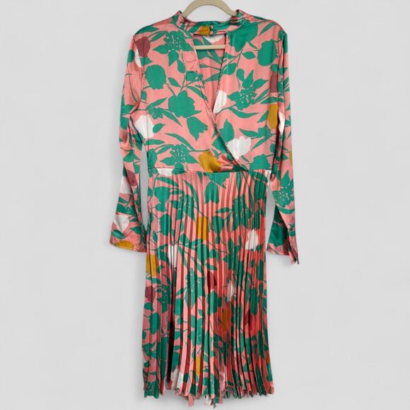 ASOS Dresses & Skirts - NWT ASOS Pink Satin Pleated Midi Dress Floral Long Sleeved Size 12 Side Zip